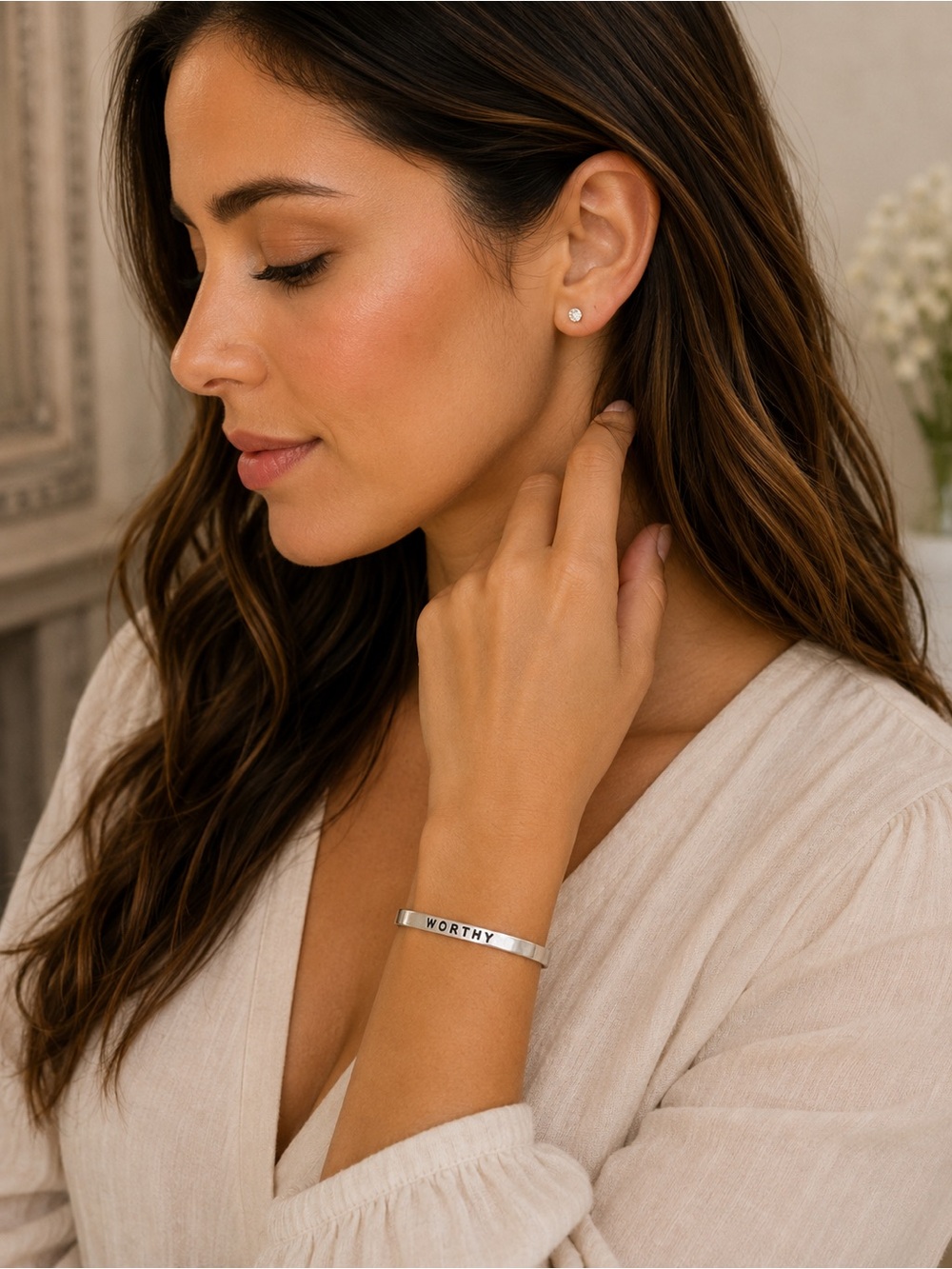 Worthy Silver Affirmation Cuff Bracelet- adjustable
